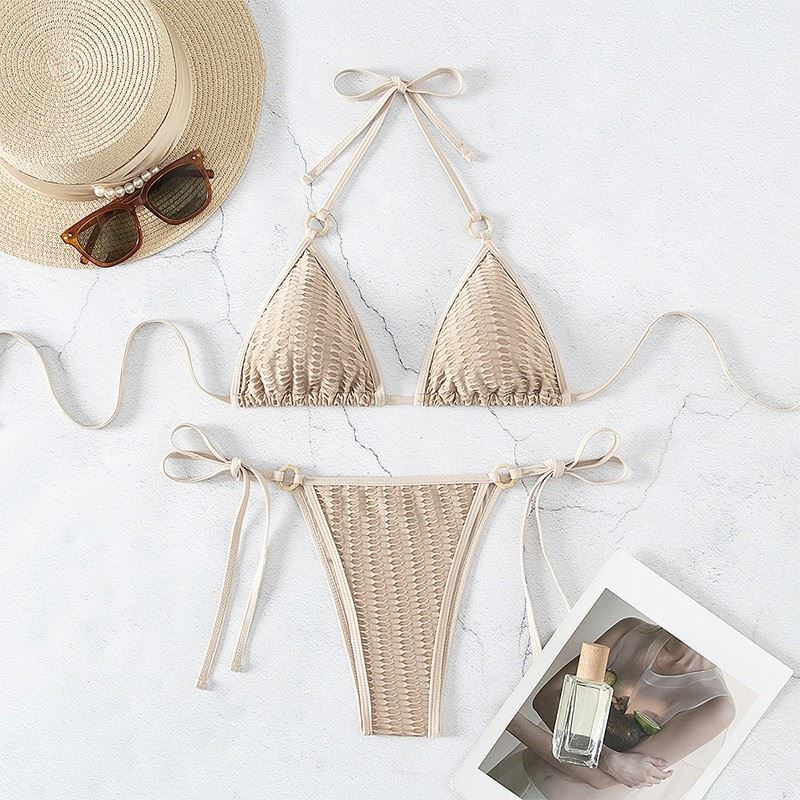 Solid Color Tie-Neck Bikini Sexy Trikini Swimwear Adjustable Beach Set For Vacation