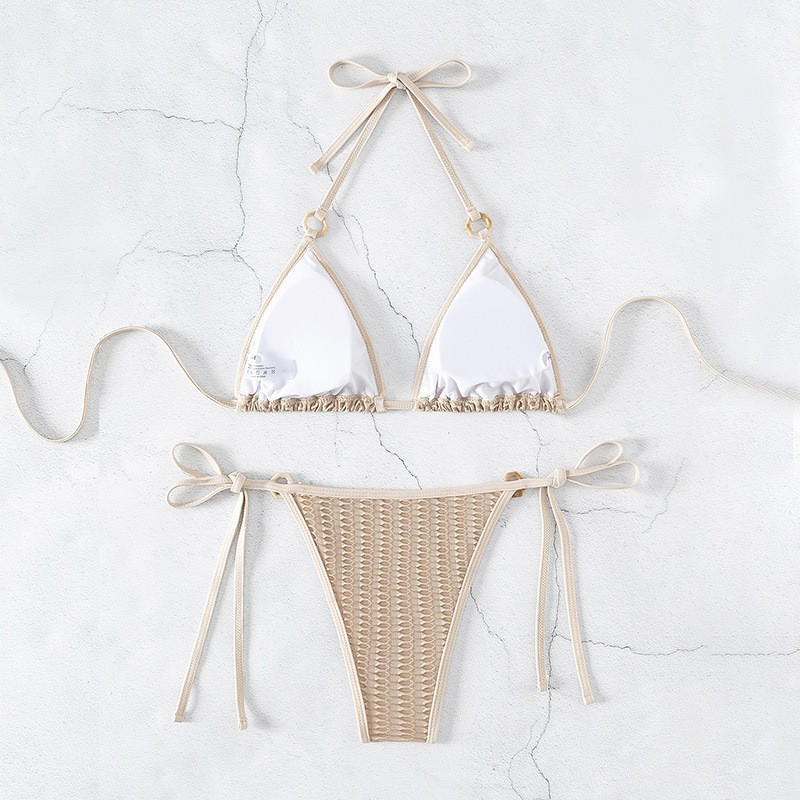 Solid Color Tie-Neck Bikini Sexy Trikini Swimwear Adjustable Beach Set For Vacation